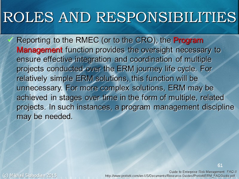 Reporting to the RMEC (or to the CRO), the Program Management function provides the
